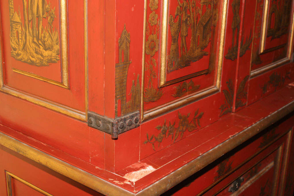 Wrought Iron Chinoiserie Red and Gilt Painted Tall Bookcase For Sale