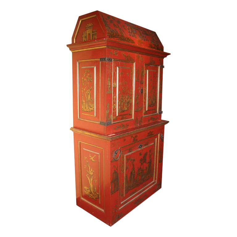 Chinoiserie Red and Gilt Painted Tall Bookcase For Sale
