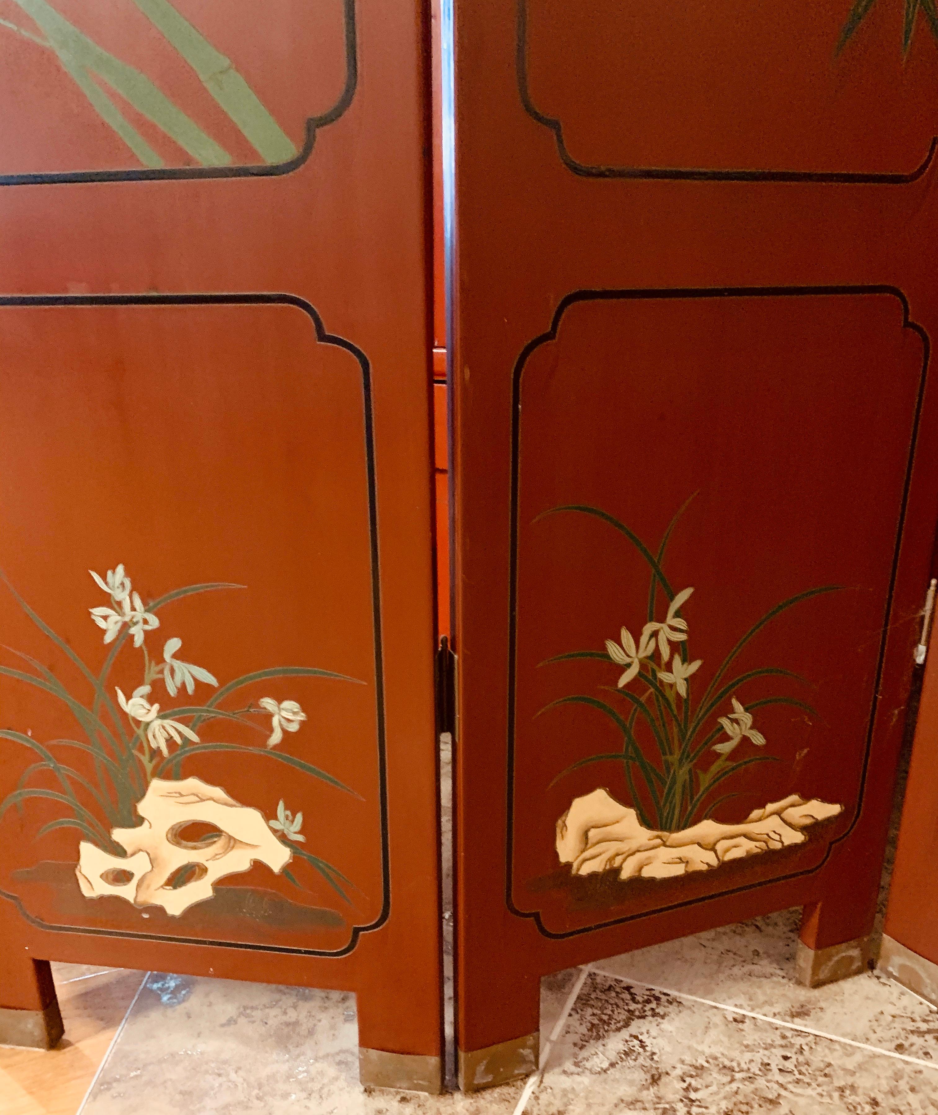 Chinoiserie Red Asian Hand Painted Four-Panel Screen Room Divider 1