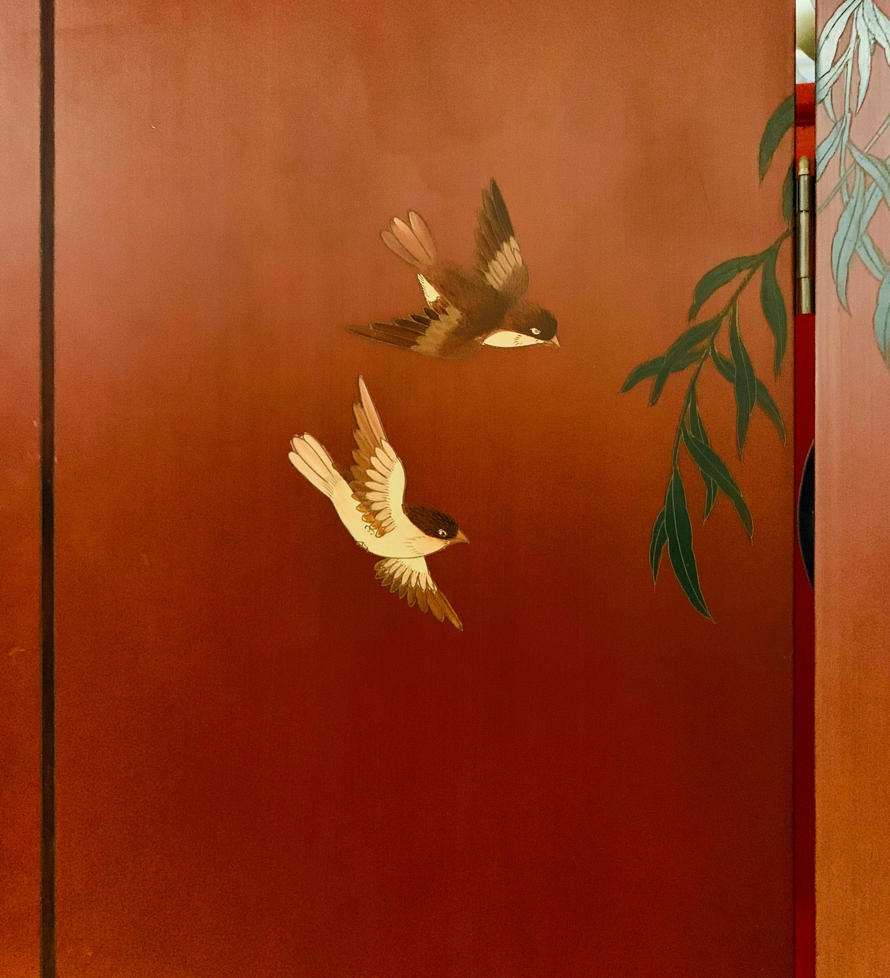 Chinese Chinoiserie Red Asian Hand Painted Four-Panel Screen Room Divider