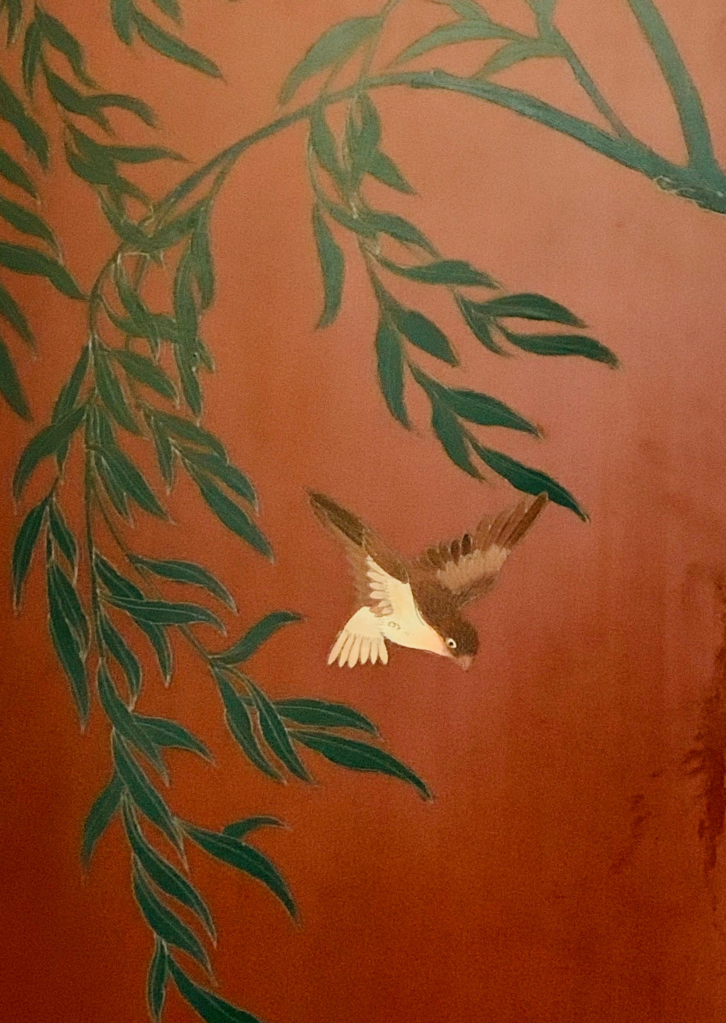 Chinoiserie Red Asian Hand Painted Four-Panel Screen Room Divider In Good Condition In West Hartford, CT