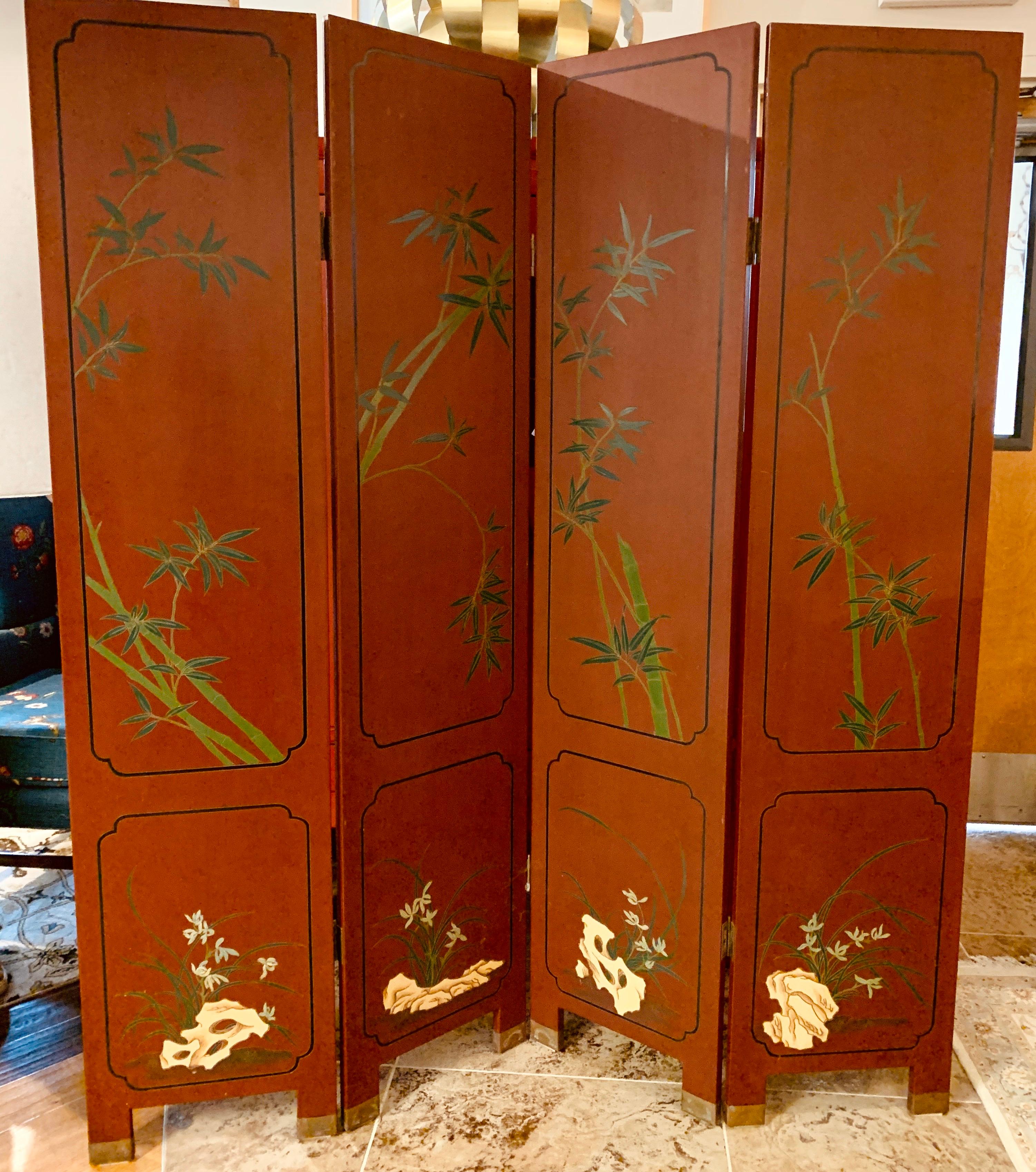 Mid-20th Century Chinoiserie Red Asian Hand Painted Four-Panel Screen Room Divider
