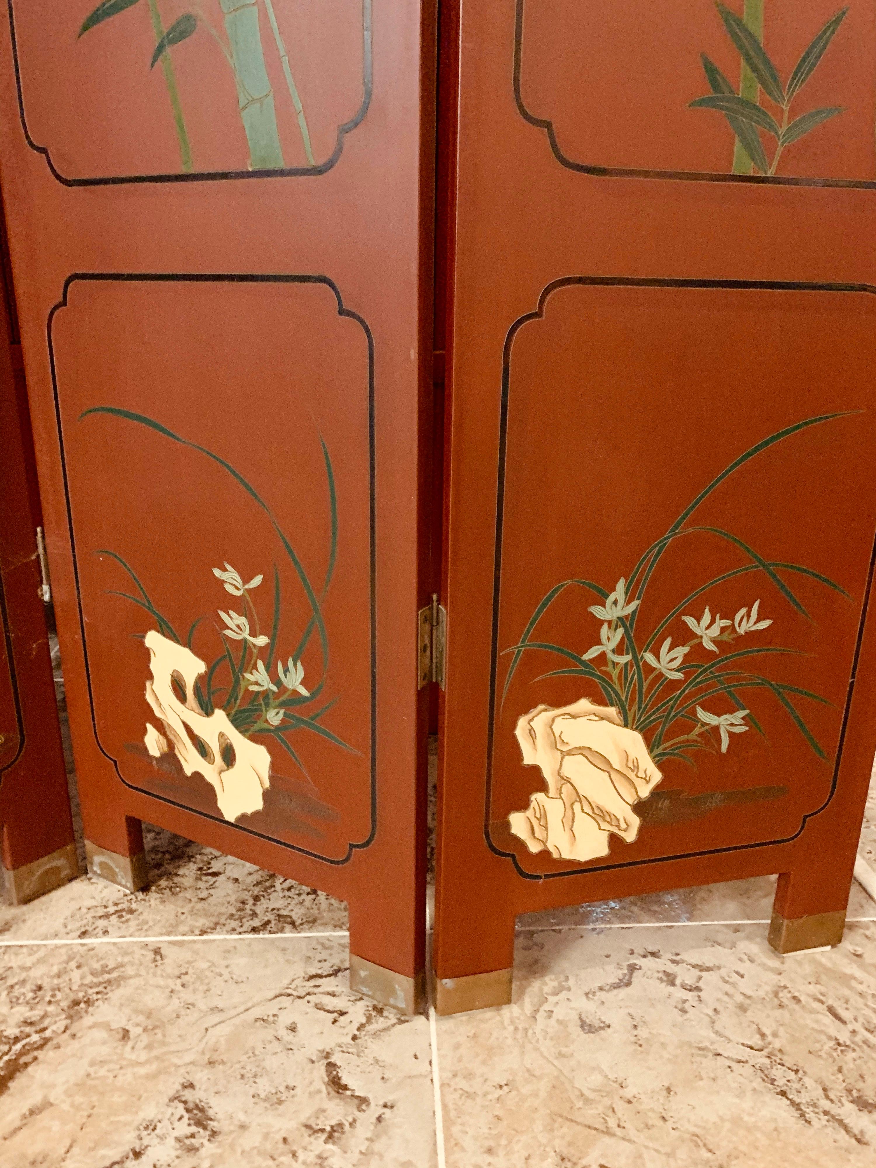 Wood Chinoiserie Red Asian Hand Painted Four-Panel Screen Room Divider