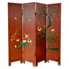 Chinoiserie Red Asian Hand Painted Four-Panel Screen Room Divider