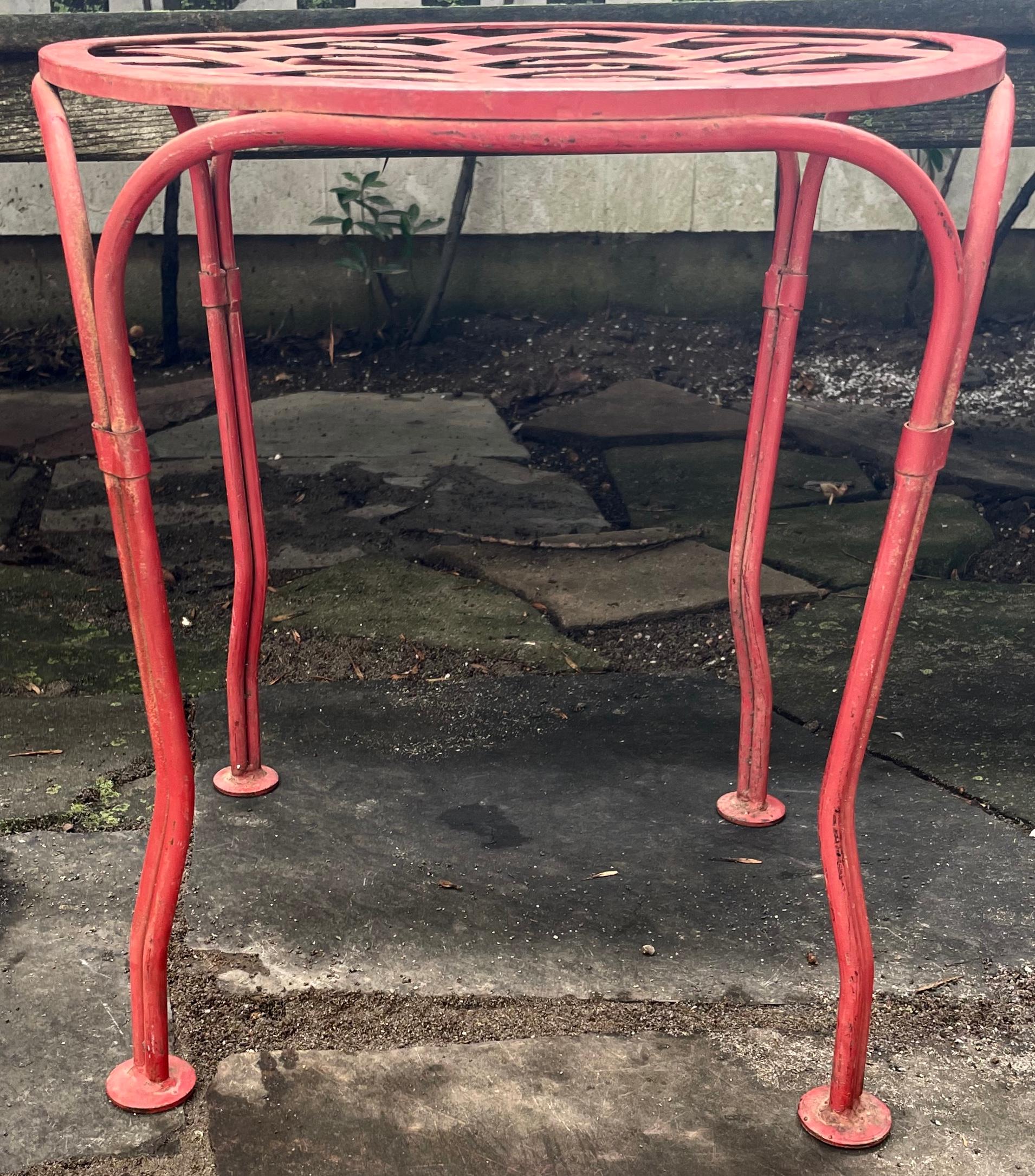 Painted Chinoiserie Red Basketweave Stool or Side Table For Sale