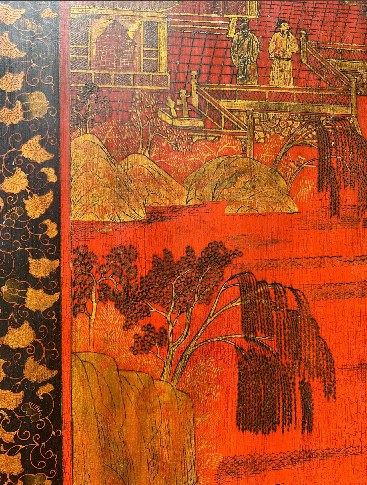 Paravento a 4 pannelli in lacca dipinta in rosso e oro con bordo nero e oro in vendita 3