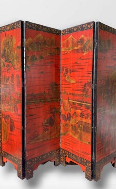 Chinoiserie Red & Gold Painted Lacquer 4 Panel Screen With Black & Gold Border
