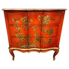 Chinoiserie Red Lacquer and Parcel Gilt Three Drawer Chest Commode