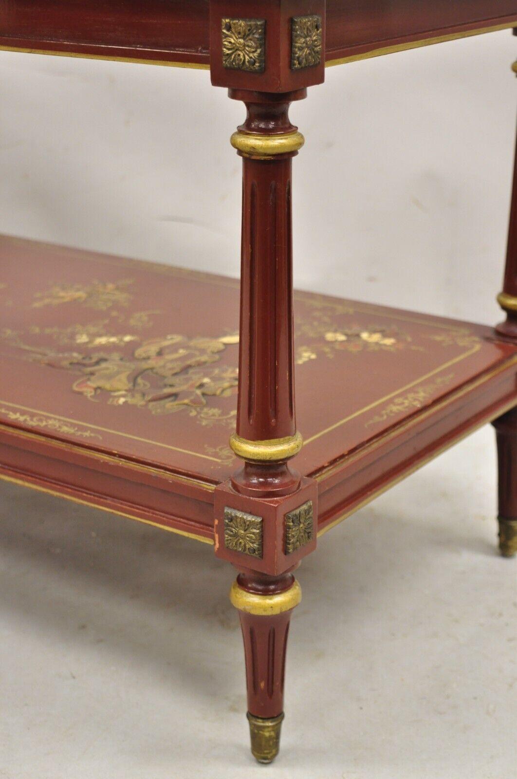 Chinoiserie Red Lacquer Gilt Painted Oriental Asian Glass Top Coffee Table For Sale 6