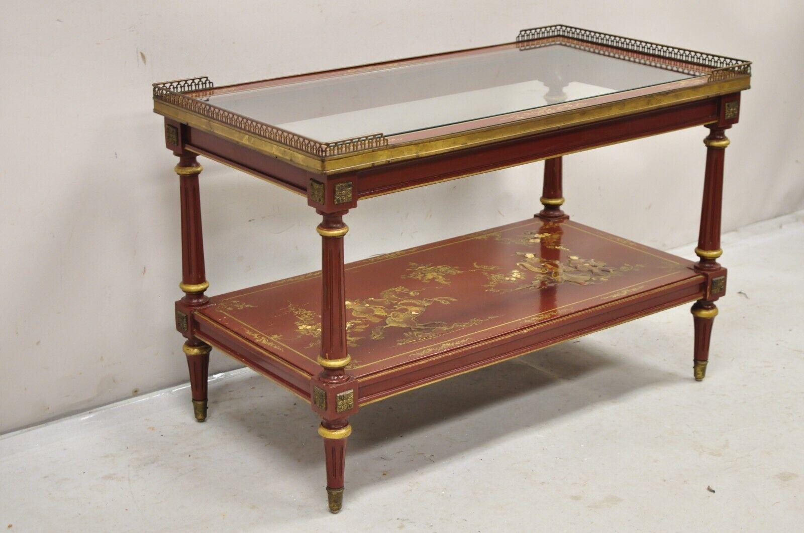 Chinoiserie Red Lacquer Gilt Painted Oriental Asian Glass Top Coffee Table In Good Condition For Sale In Philadelphia, PA