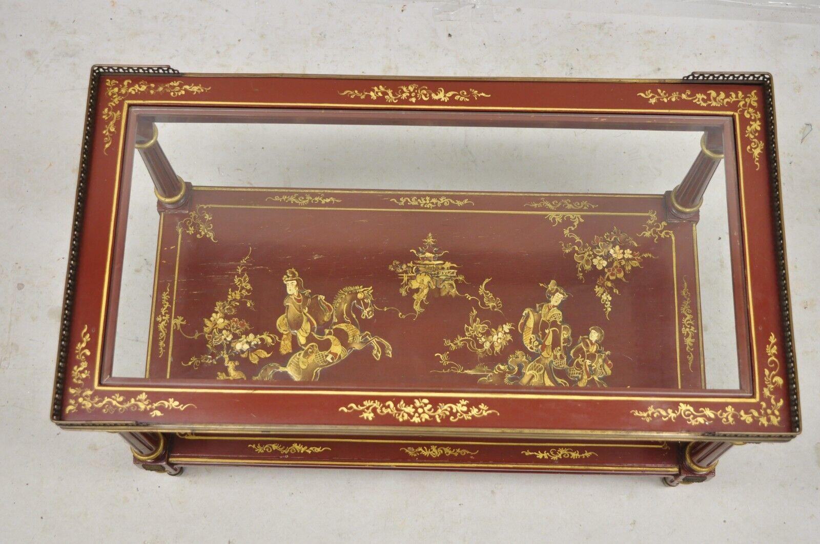 20th Century Chinoiserie Red Lacquer Gilt Painted Oriental Asian Glass Top Coffee Table For Sale