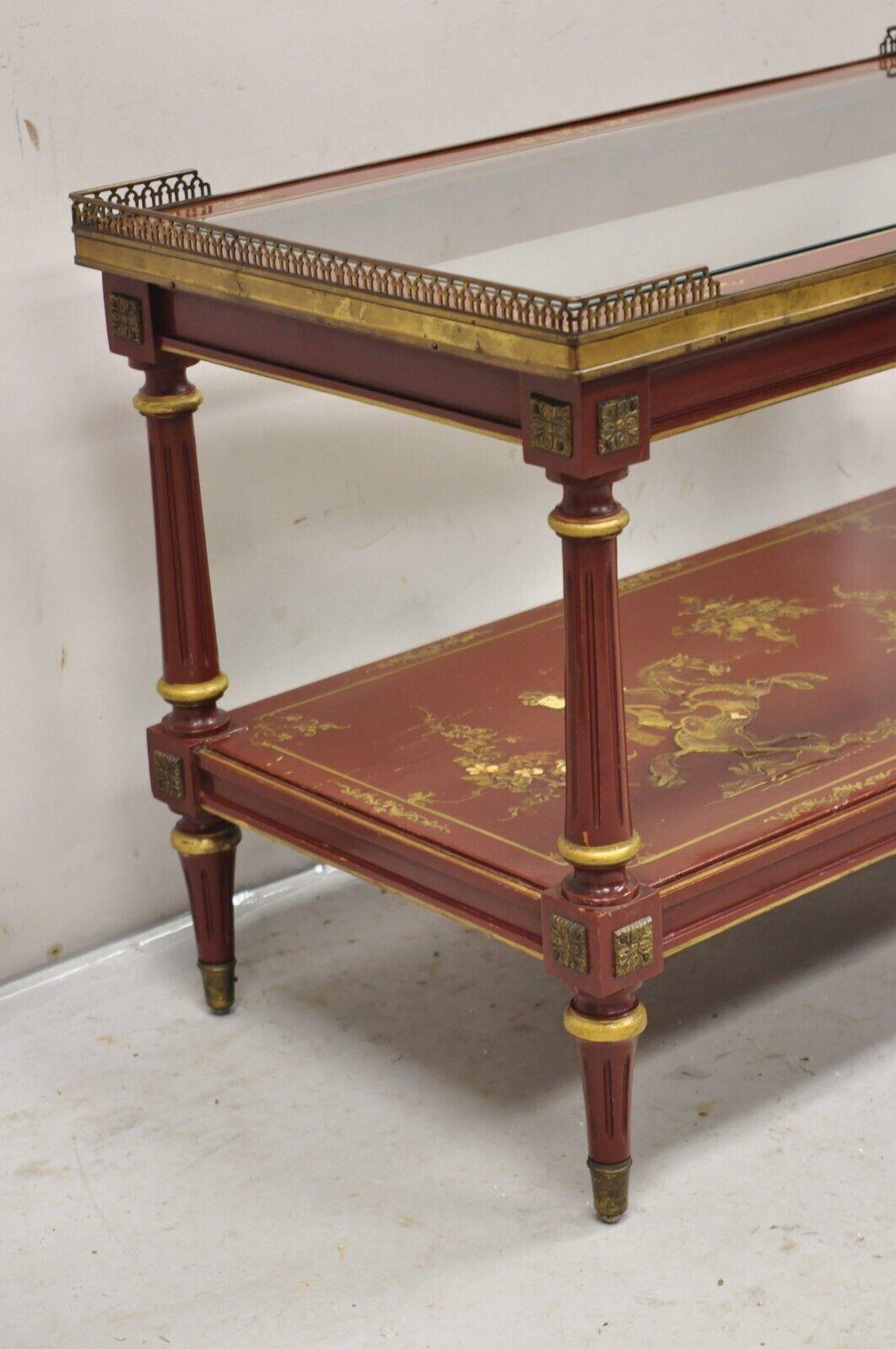 Chinoiserie Red Lacquer Gilt Painted Oriental Asian Glass Top Coffee Table For Sale 1