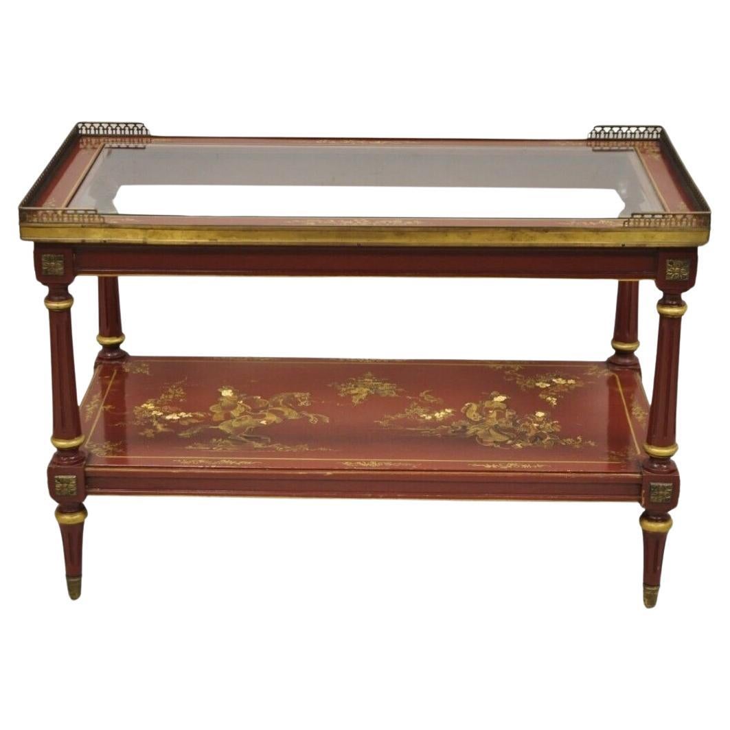 Table basse chinoiserie rouge laquée et peinte en doré d'Asie orientale avec plateau en verre