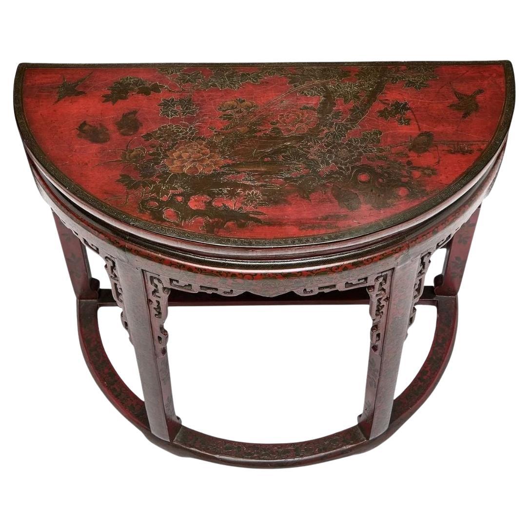 Chinoiserie Red Lacquered Demi-Lune Console