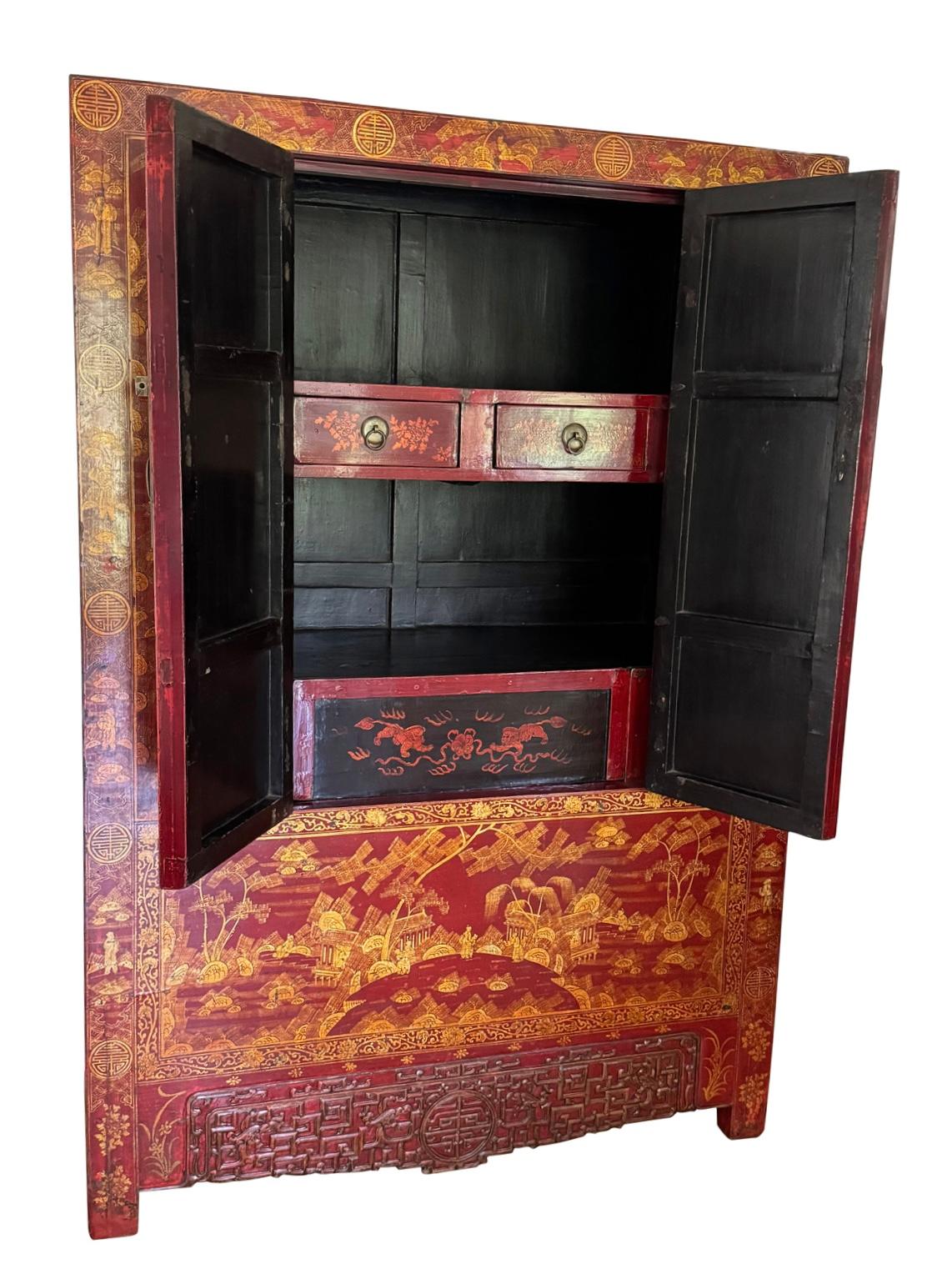 Amazing red lacquered Qing Dynasty style cabinet with lots of storage and hidden compartment please look at pictures for overall detail and feel free to reach out with any questions