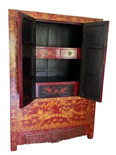 Chinoiserie Red Lacquered Qing Dynasty Cabinet