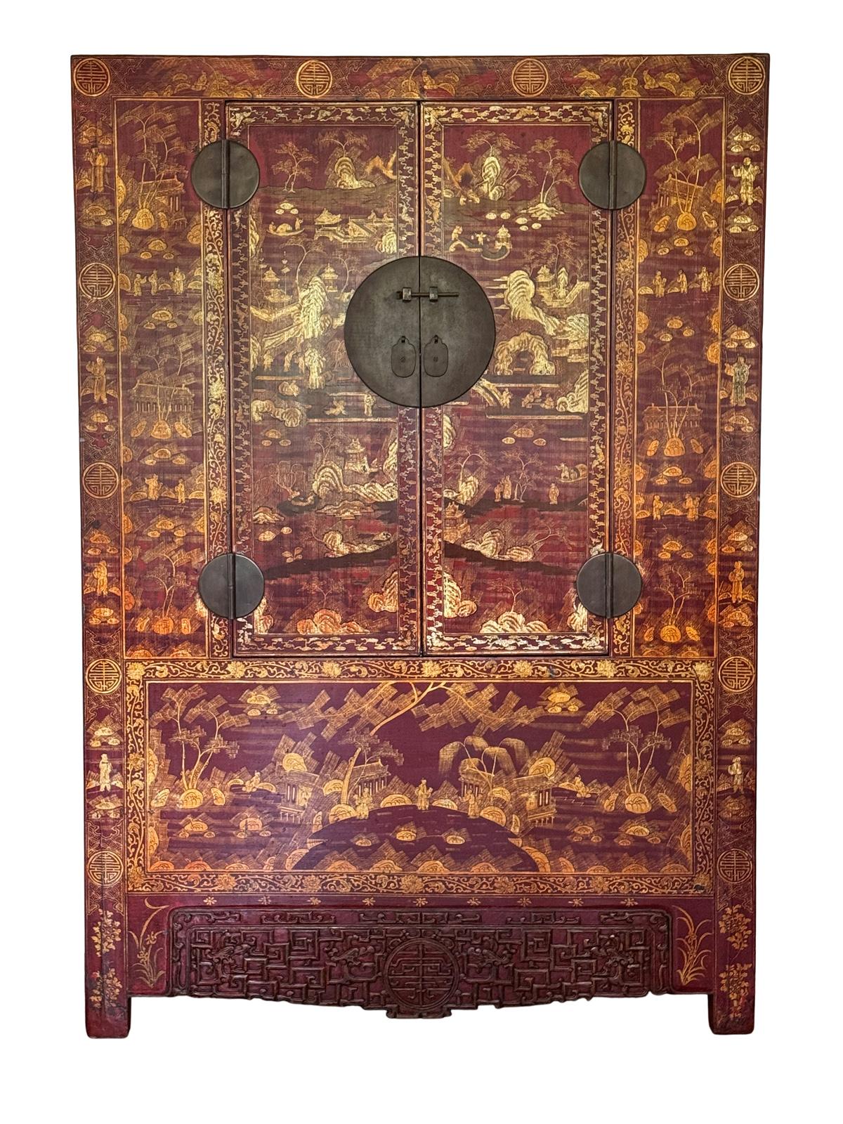 Chinese Chinoiserie Red Lacquered Qing Dynasty Cabinet For Sale