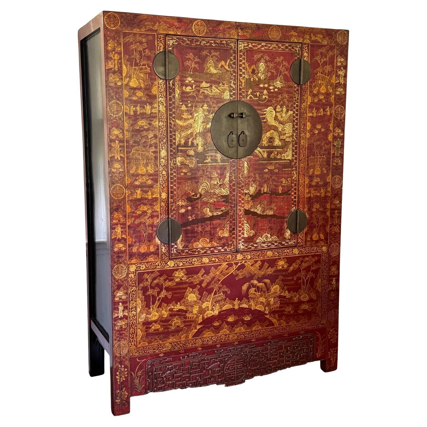 Chinoiserie Red Lacquered Qing Dynasty Cabinet For Sale