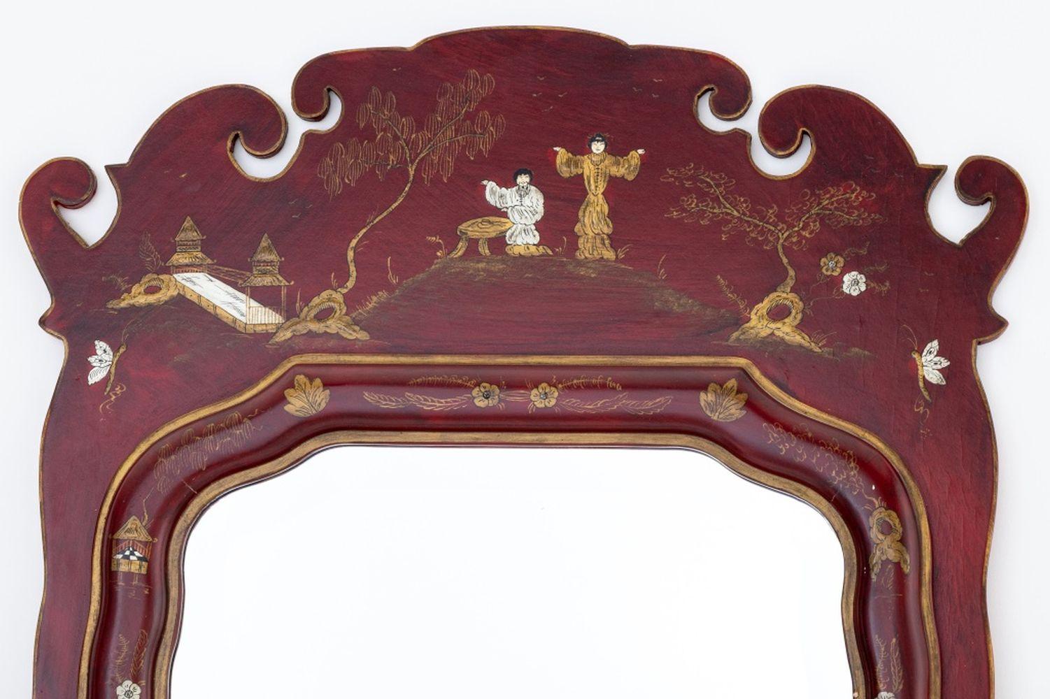 Chinoiserie Red Painted Beveled Mirror, with gilt figural scenes and scroll form frame. Mirror plate: 34