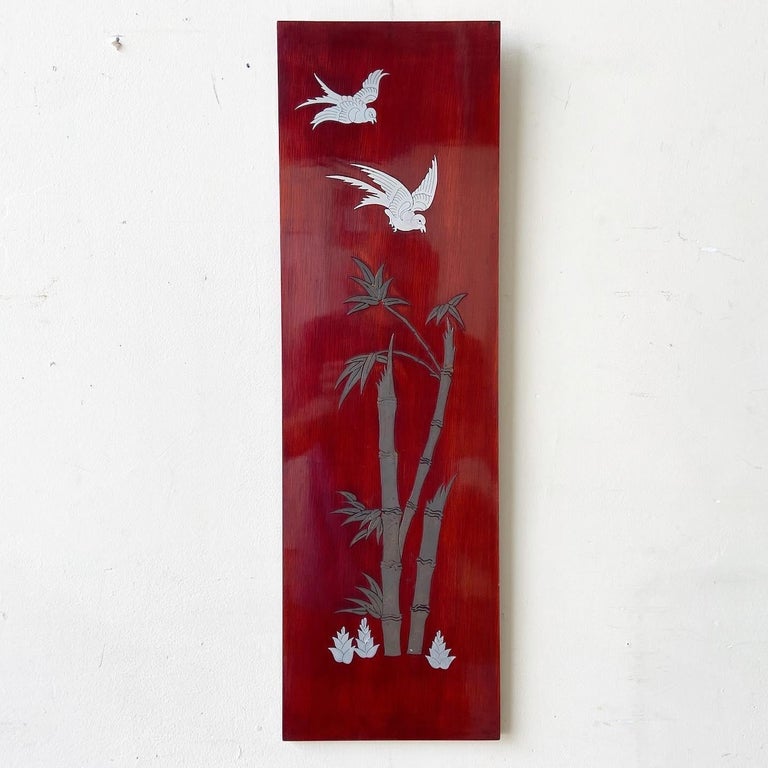 Chinoiserie Red Wood Wall Accessory with Brass and Mother of Pearl
