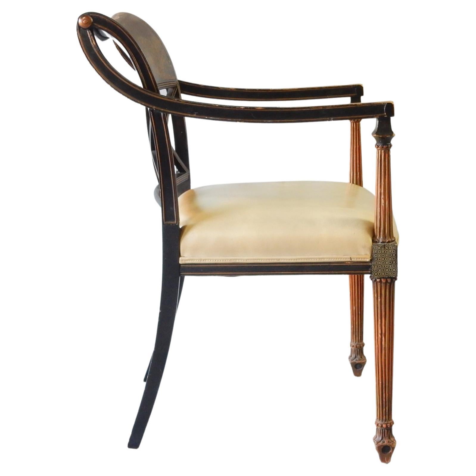 Rare chinoiserie/regency style arm chair by Interior-Crafts of Chicago.
Beautifully painted and crafted by Interior Crafts. Signed with medallion on underside of seat.
Completely original as was produced. Worn/aged to perfection.
Arms are 28in