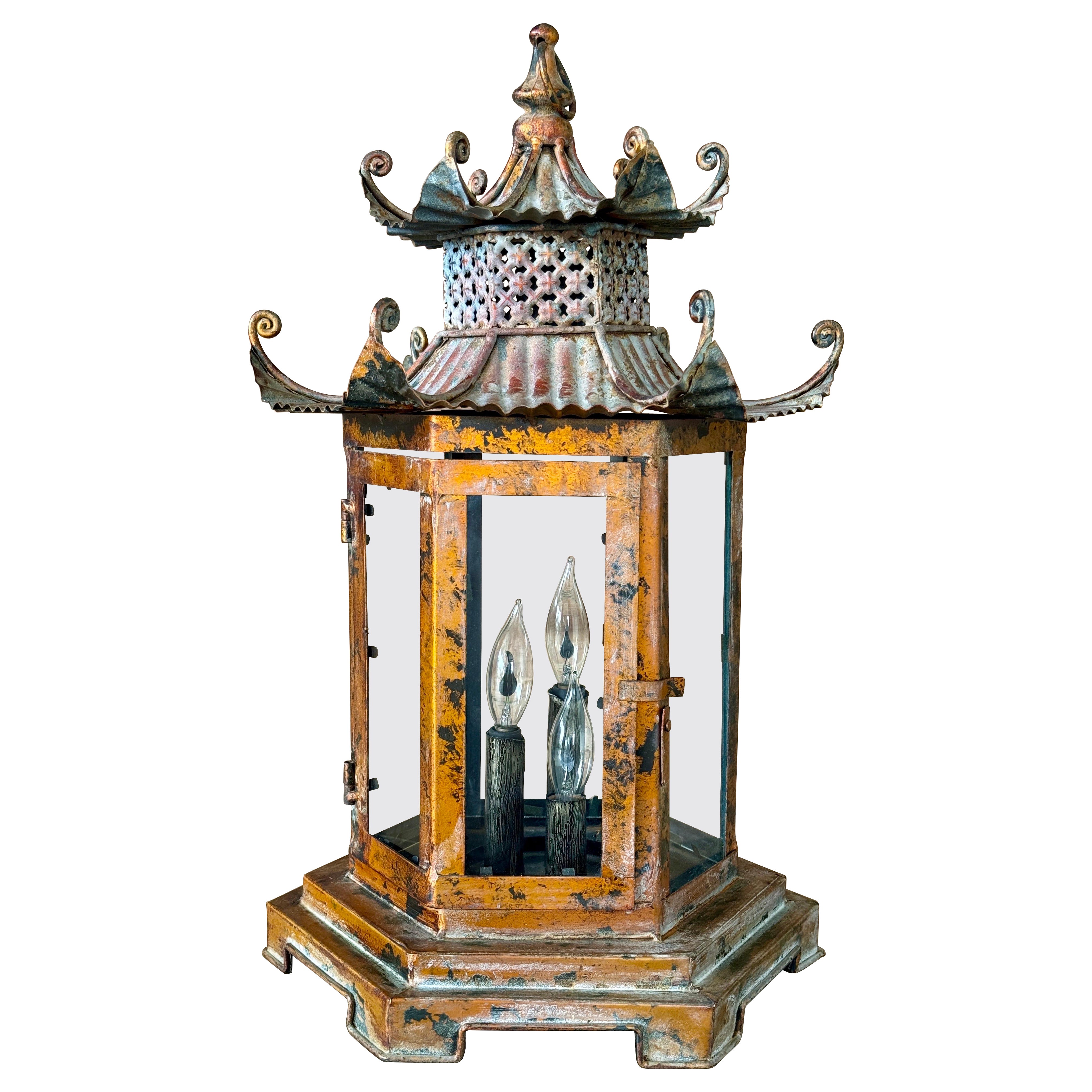 Chinoiserie Regency Pagoda-Style Patinated Metal Lantern Pendant Light