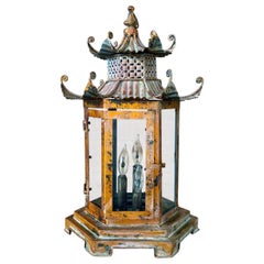Chinoiserie Regency Pagode Lanterne suspendue en métal patiné
