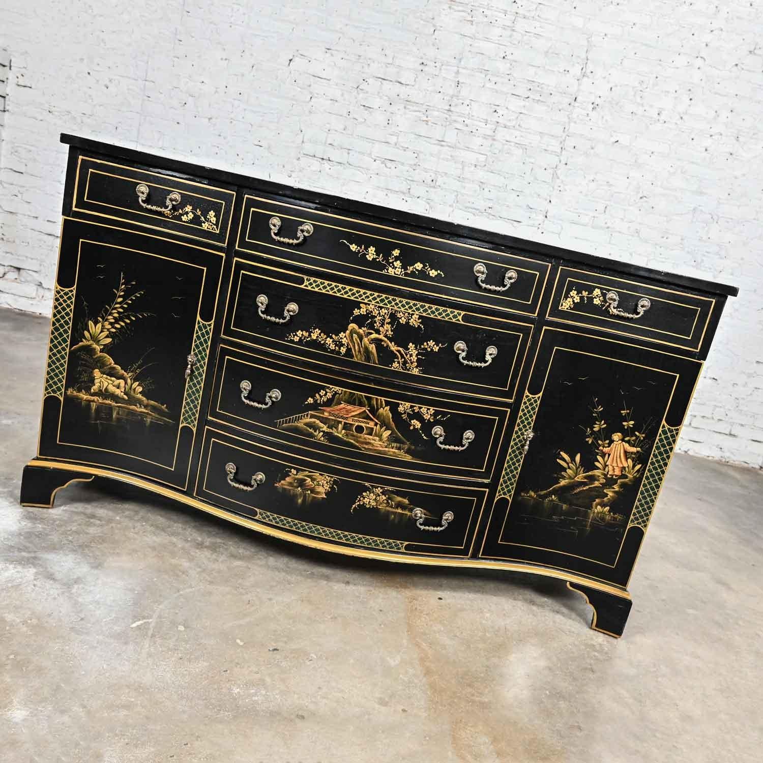 Chinoiserie chinoiserie Regency Style Union National Black & Gilt Buffet Sideboard