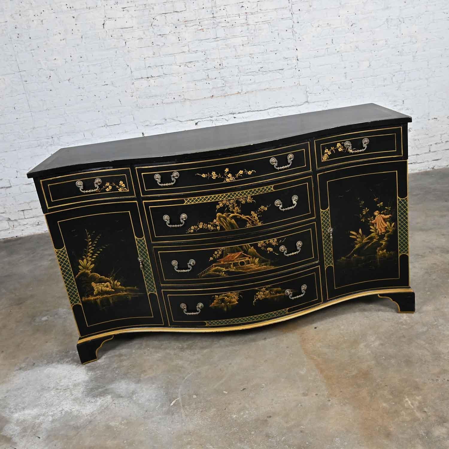 American chinoiserie Regency Style Union National Black & Gilt Buffet Sideboard