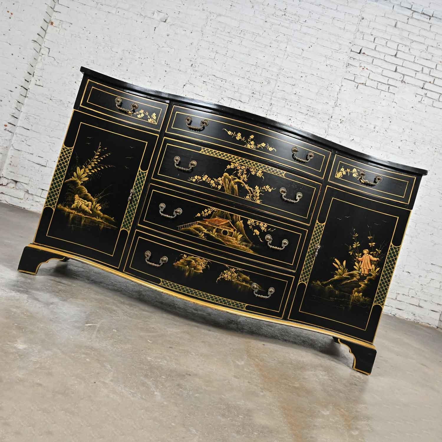 20th Century chinoiserie Regency Style Union National Black & Gilt Buffet Sideboard