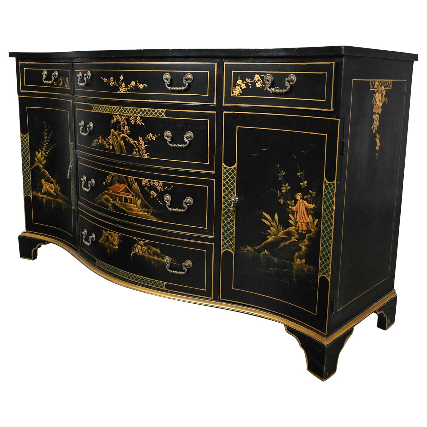 chinoiserie Regency Style Union National Black & Gilt Buffet Sideboard