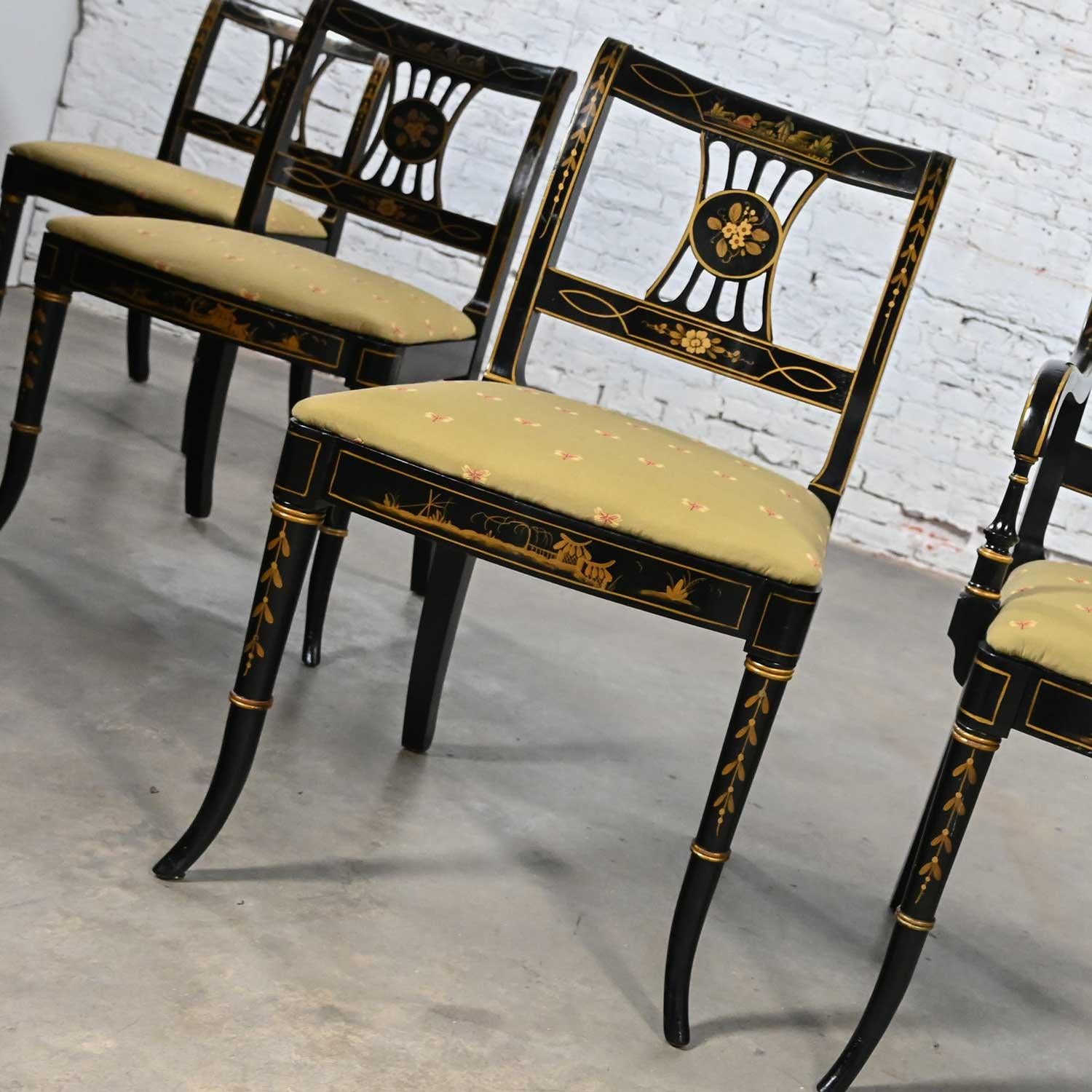 Ensemble de 6 chaises de salle à manger de style Chinoiserie Regency de l'Union National, noires et dorées en vente 3
