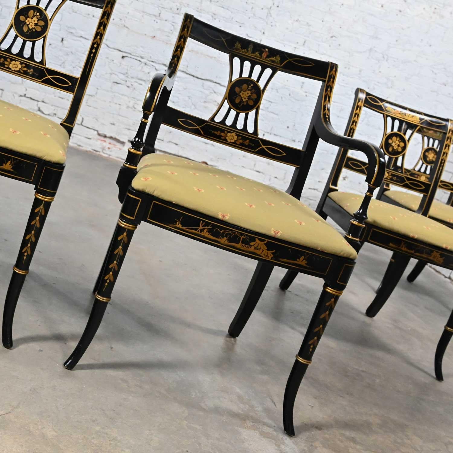Ensemble de 6 chaises de salle à manger de style Chinoiserie Regency de l'Union National, noires et dorées en vente 4