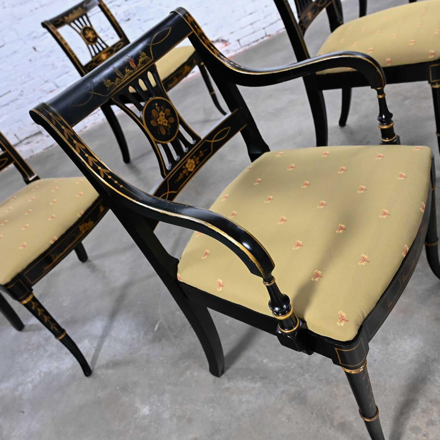 Chinoiserie Regency Style Union National Black & Gilt Dining Chairs Set of 6 For Sale 3