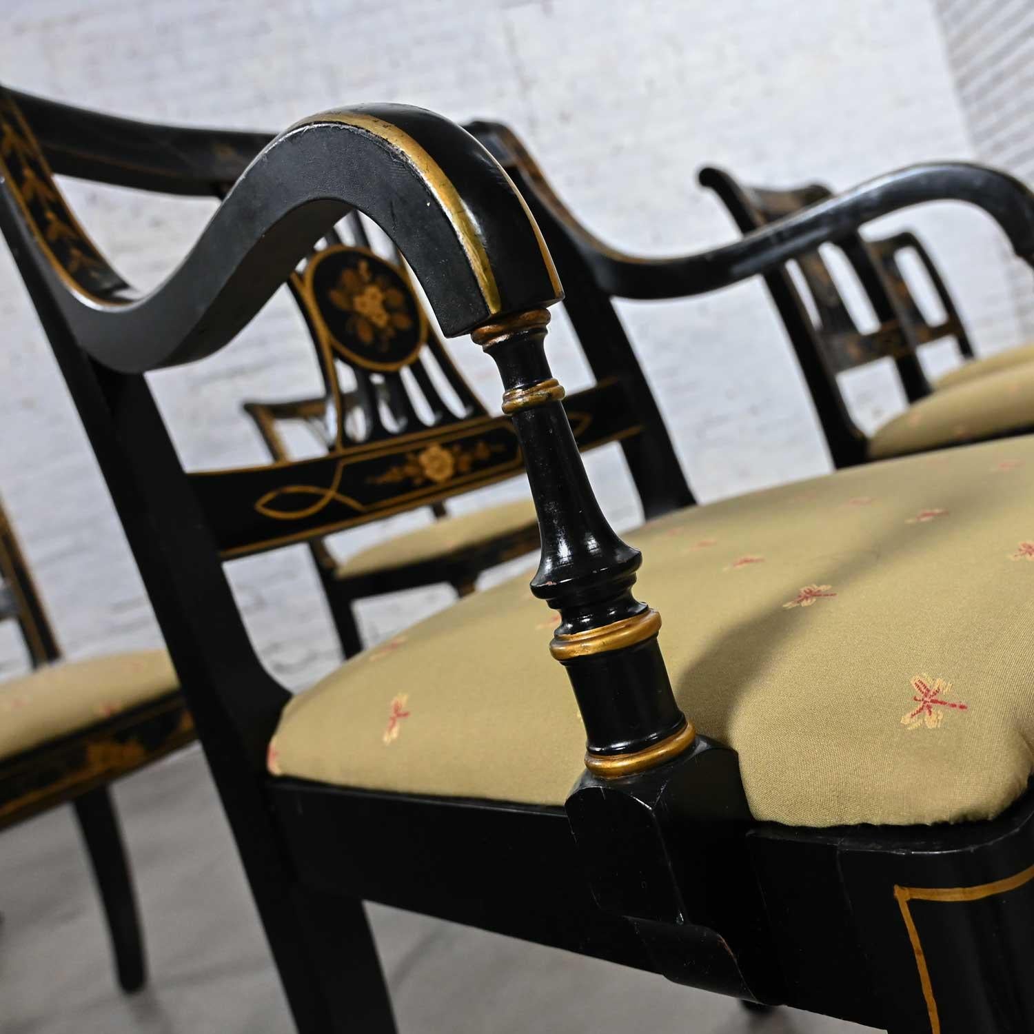 Ensemble de 6 chaises de salle à manger de style Chinoiserie Regency de l'Union National, noires et dorées en vente 6