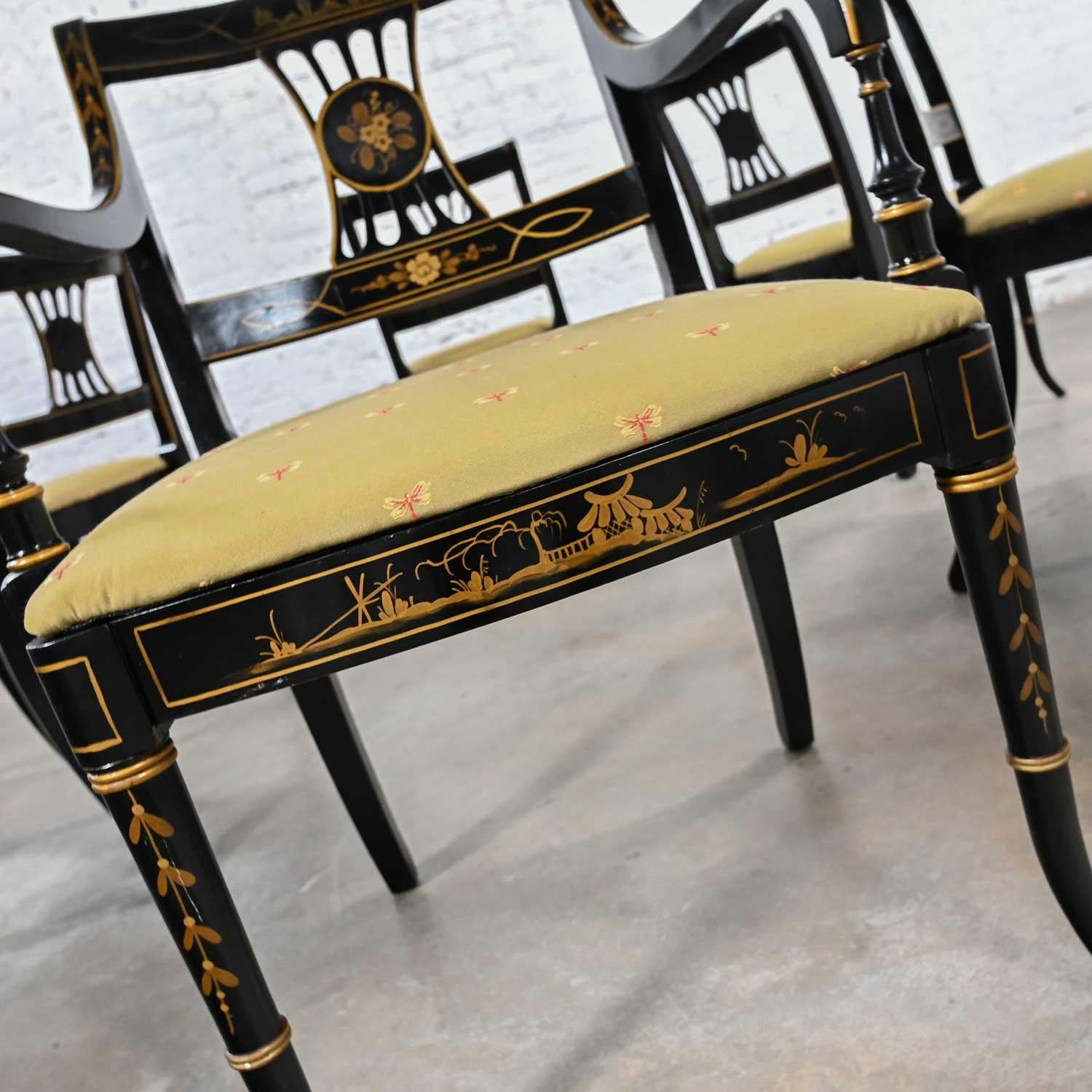 Ensemble de 6 chaises de salle à manger de style Chinoiserie Regency de l'Union National, noires et dorées en vente 7