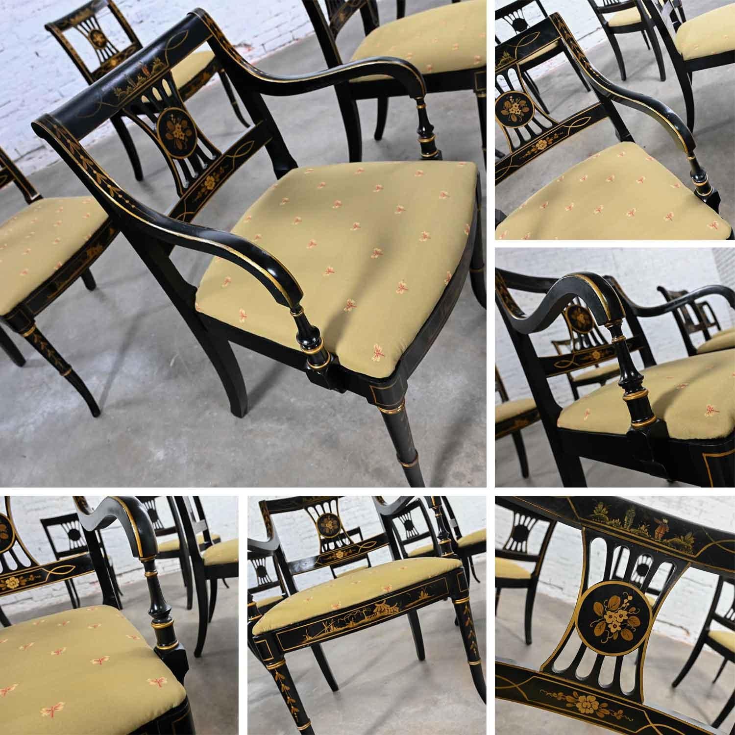 Ensemble de 6 chaises de salle à manger de style Chinoiserie Regency de l'Union National, noires et dorées en vente 8