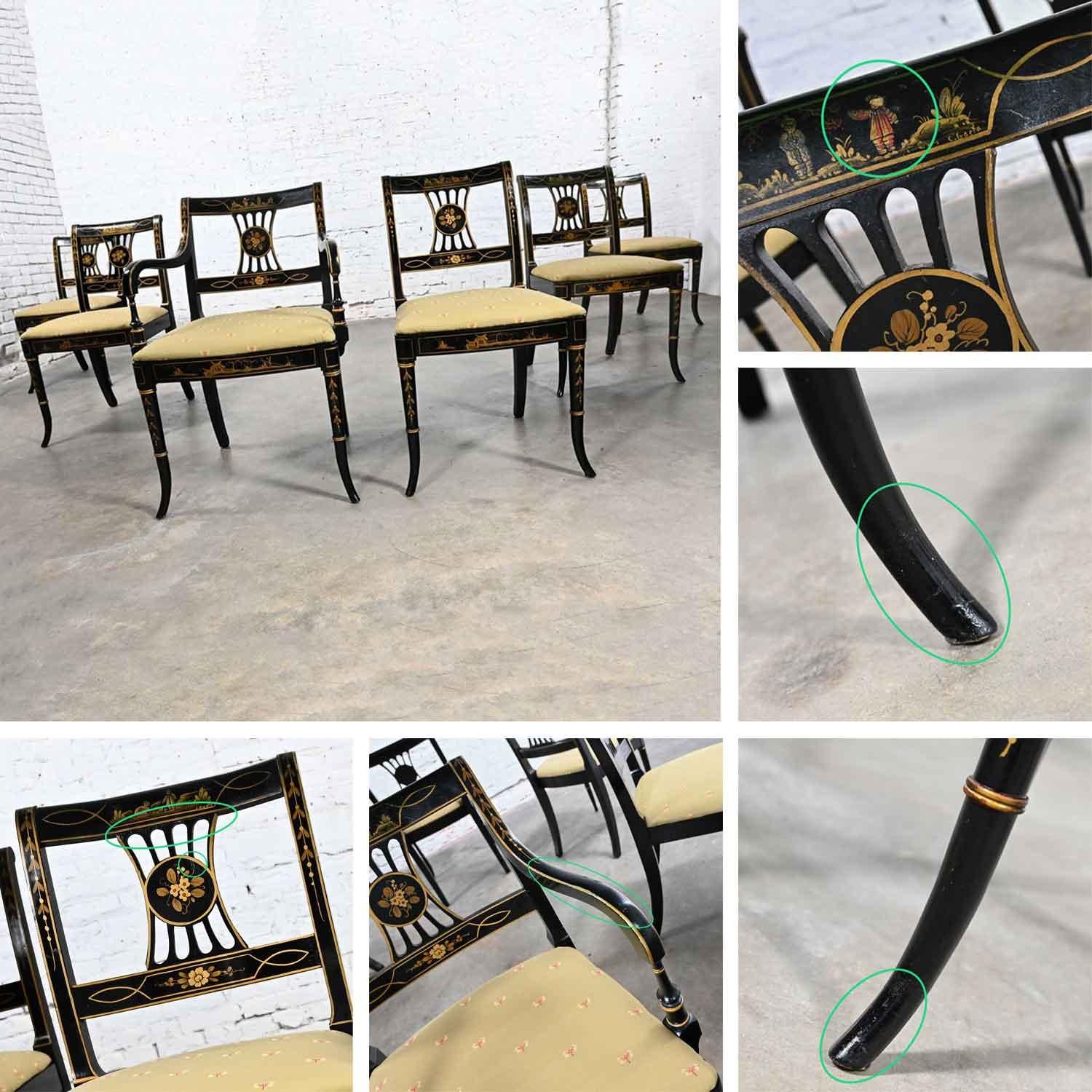 Ensemble de 6 chaises de salle à manger de style Chinoiserie Regency de l'Union National, noires et dorées en vente 9