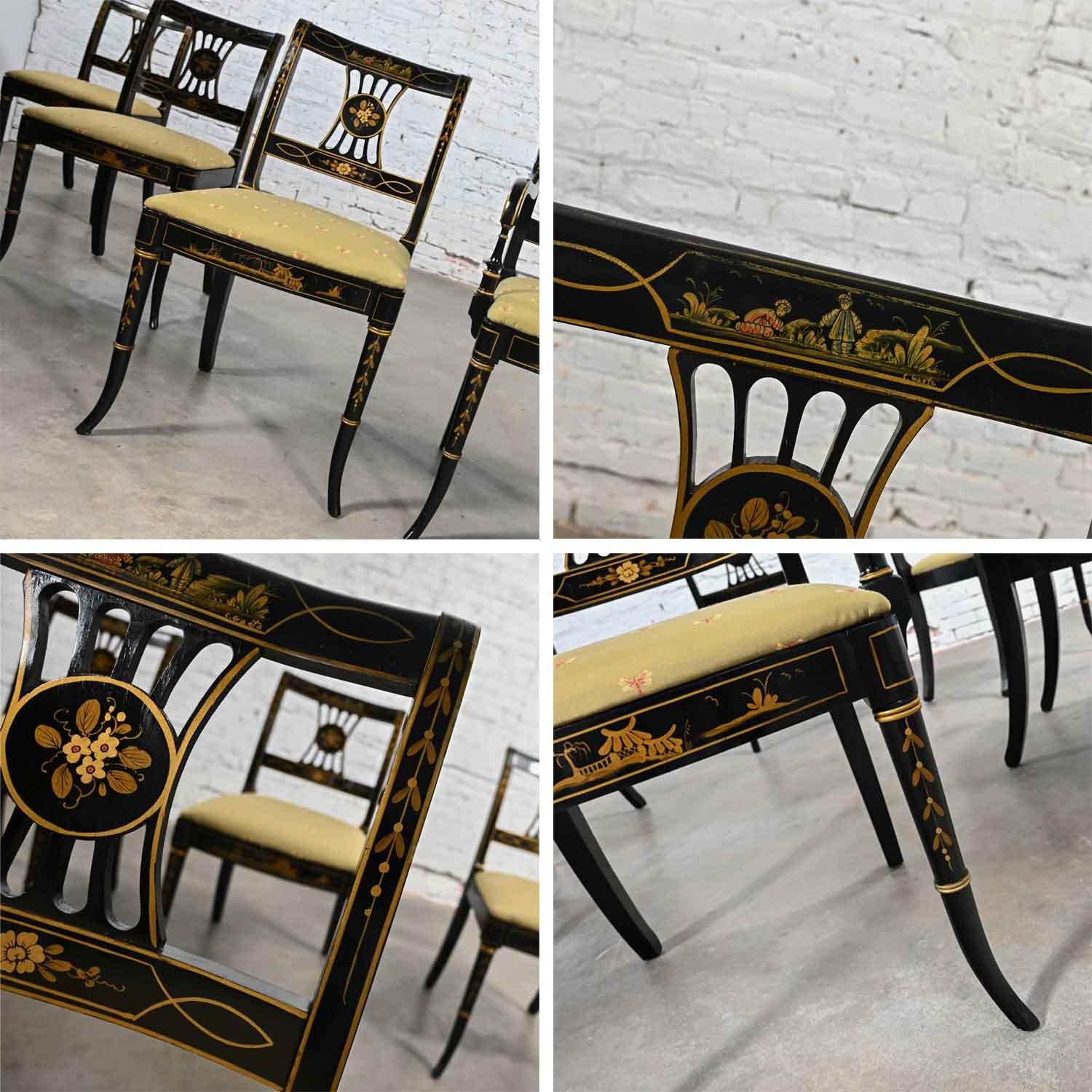 Ensemble de 6 chaises de salle à manger de style Chinoiserie Regency de l'Union National, noires et dorées en vente 10