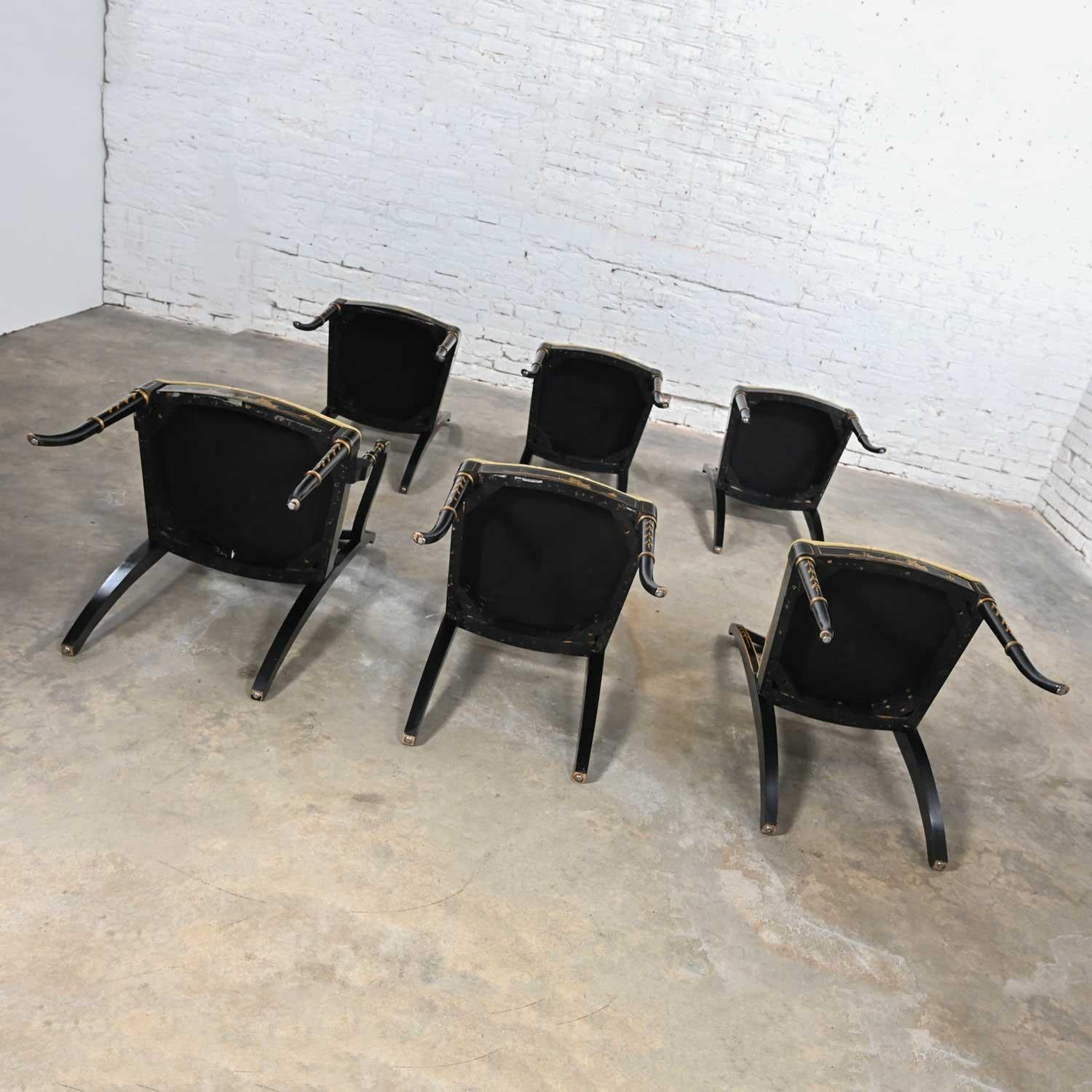 Ensemble de 6 chaises de salle à manger de style Chinoiserie Regency de l'Union National, noires et dorées en vente 11