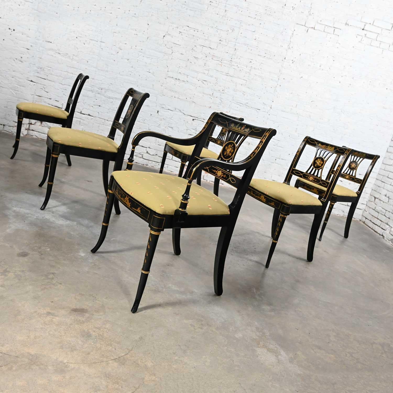 Chinoiseries Ensemble de 6 chaises de salle à manger de style Chinoiserie Regency de l'Union National, noires et dorées en vente