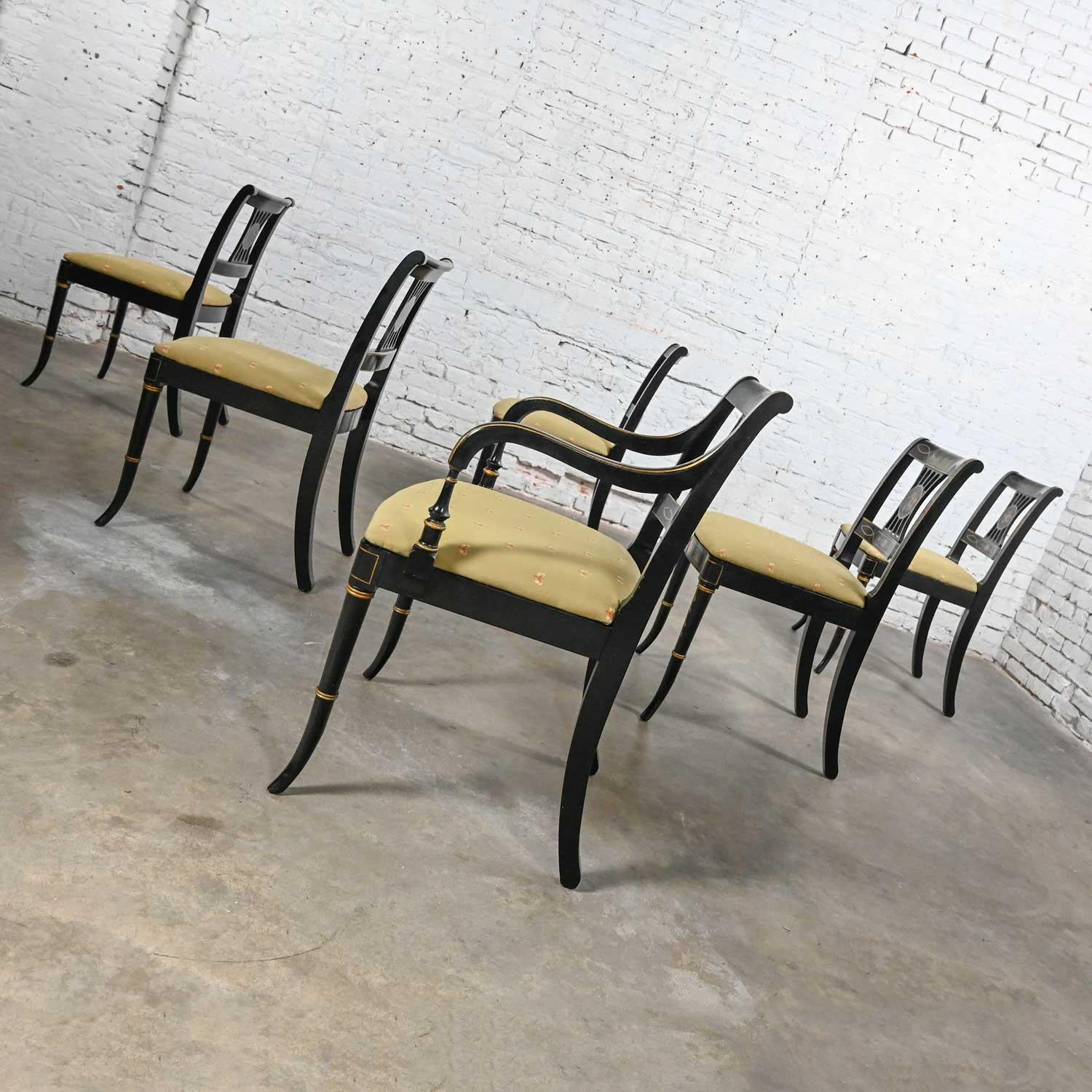 Ensemble de 6 chaises de salle à manger de style Chinoiserie Regency de l'Union National, noires et dorées Bon état - En vente à Topeka, KS