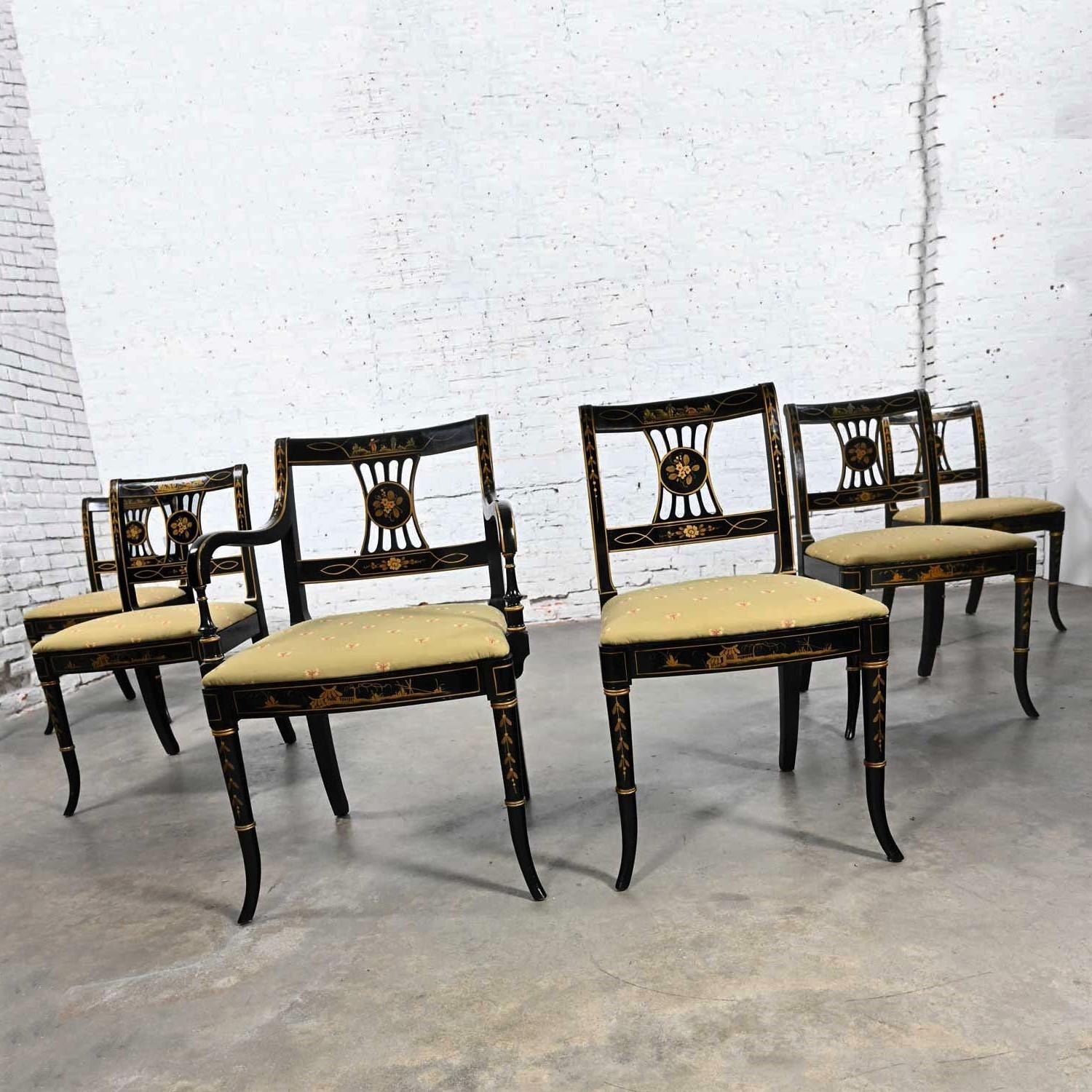 20ième siècle Ensemble de 6 chaises de salle à manger de style Chinoiserie Regency de l'Union National, noires et dorées en vente