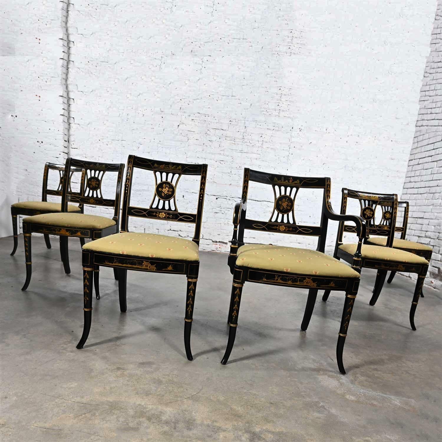 Bois Ensemble de 6 chaises de salle à manger de style Chinoiserie Regency de l'Union National, noires et dorées en vente