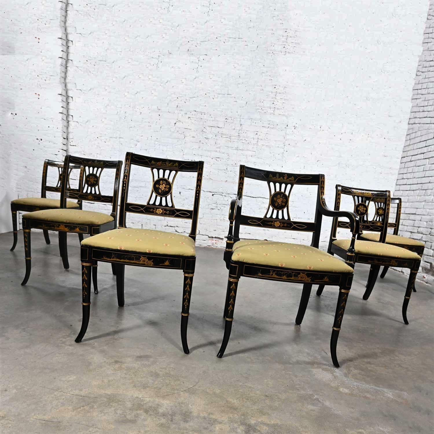 Chinoiserie Regency Style Union National Black & Gilt Dining Chairs Set of 6 In Good Condition In Topeka, KS