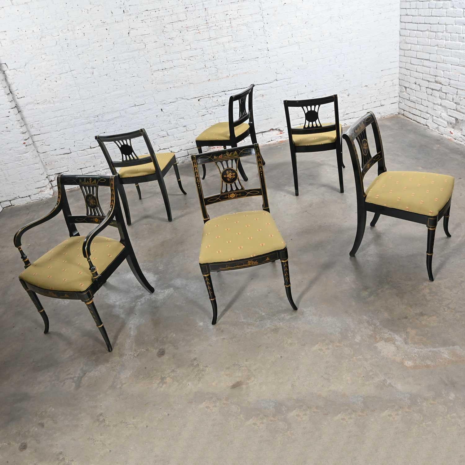 20th Century Chinoiserie Regency Style Union National Black & Gilt Dining Chairs Set of 6 For Sale