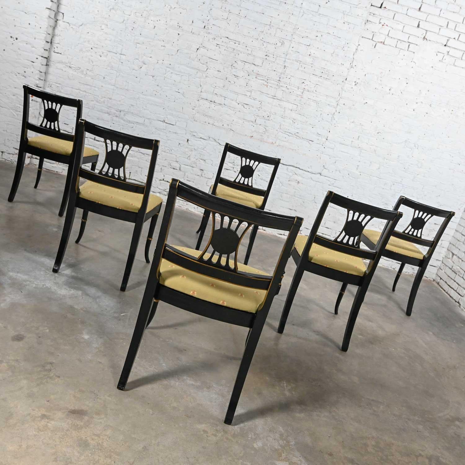 Wood Chinoiserie Regency Style Union National Black & Gilt Dining Chairs Set of 6 For Sale