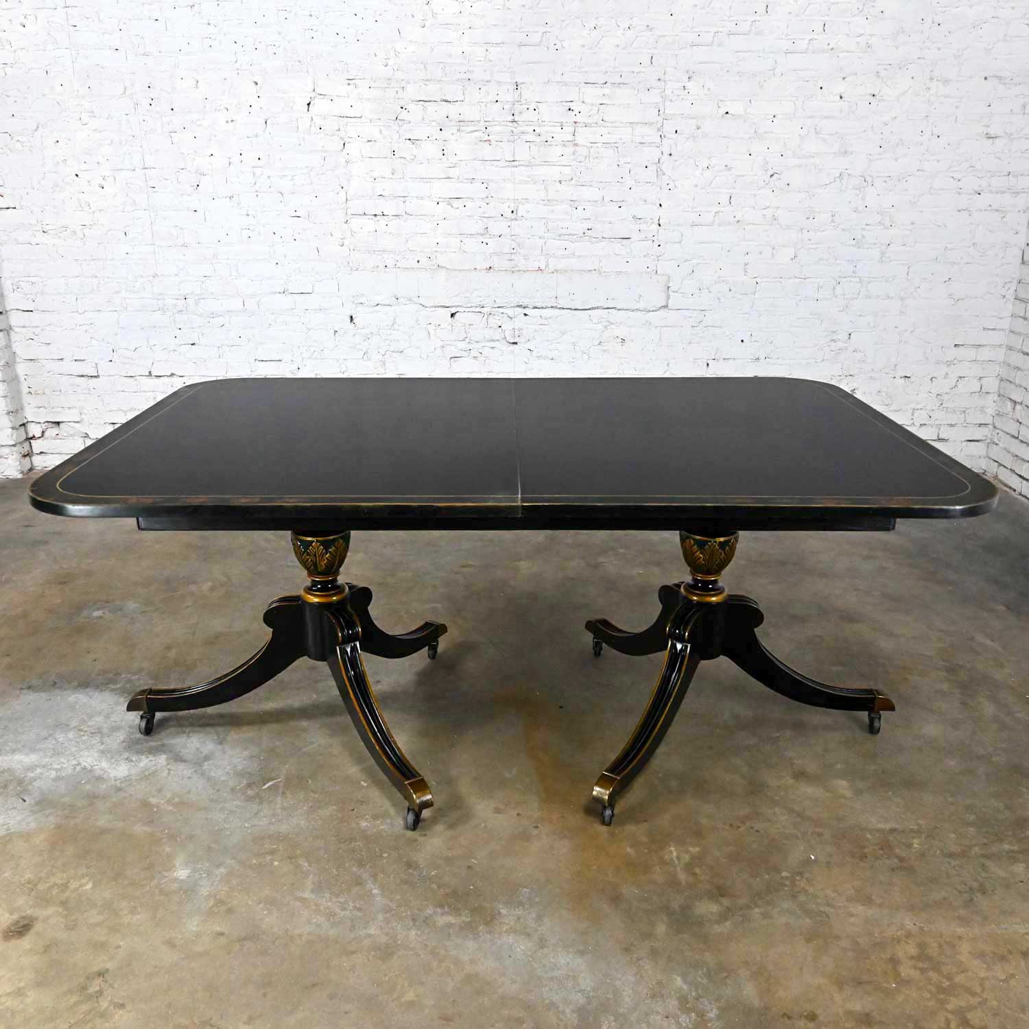 American Chinoiserie Regency Union National Black & Gilt Dining Table Double Tripod Base