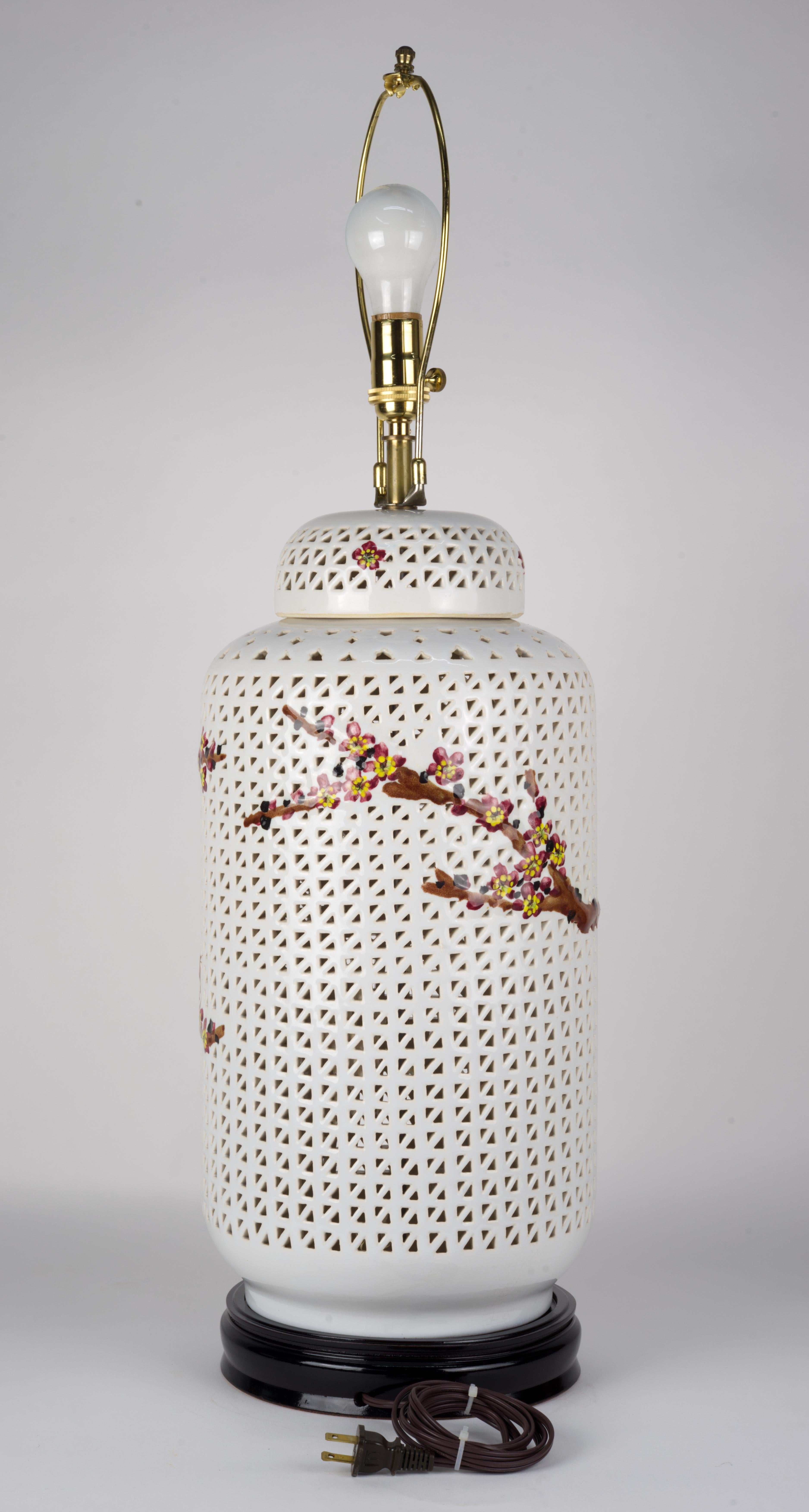 Japanese Chinoiserie Reticulated Ginger Jar Table Lamp White Blossoming Branches Birds  For Sale