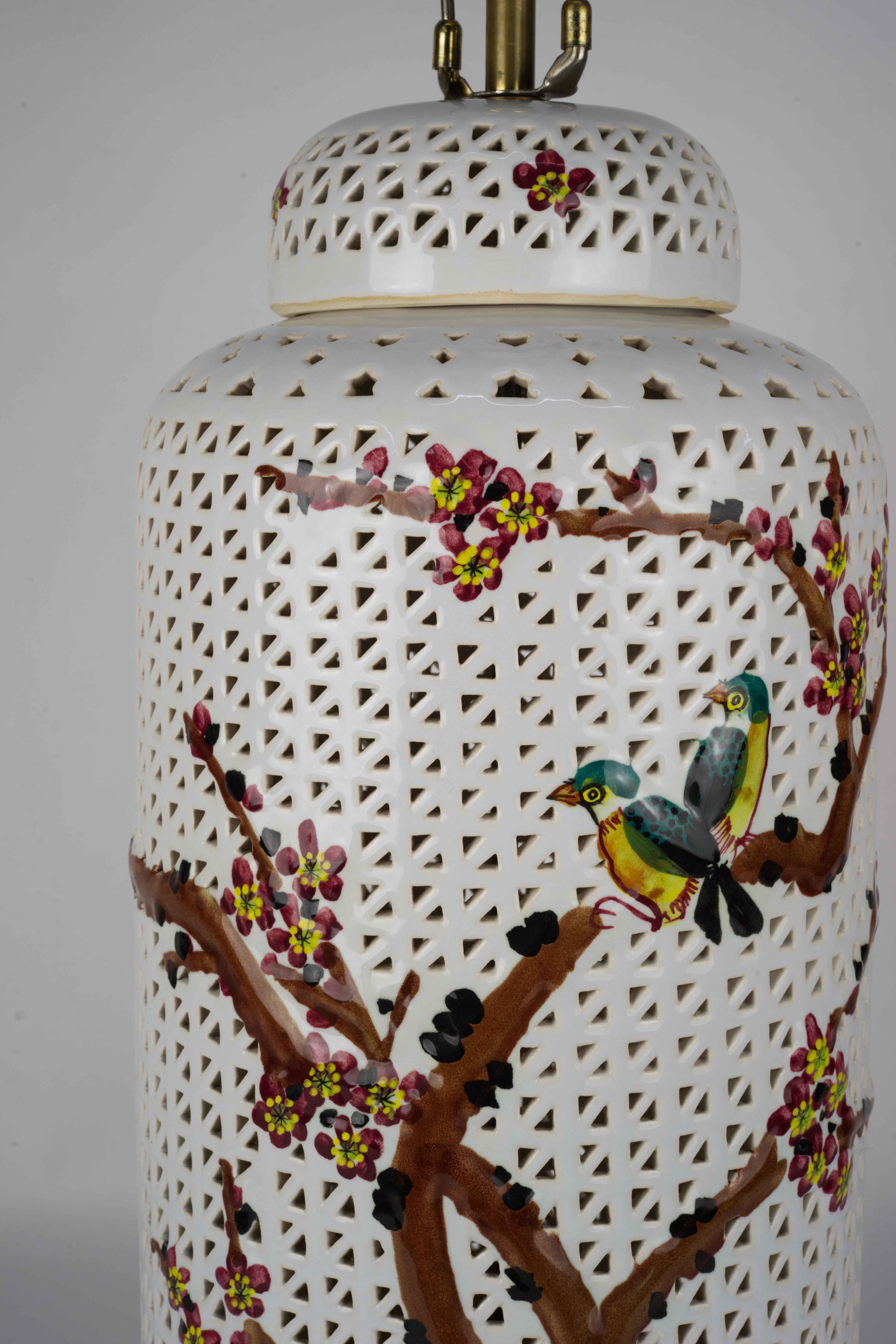 20th Century Chinoiserie Reticulated Ginger Jar Table Lamp White Blossoming Branches Birds  For Sale